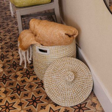 Mand met deksel 36 cm wit en naturel kaisagras