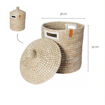 Mand met deksel 36 cm wit en naturel kaisagras