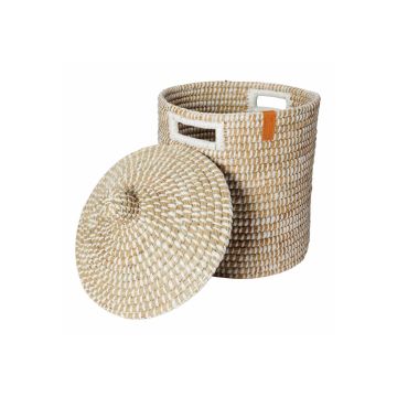 Mand met deksel 36 cm wit en naturel kaisagras